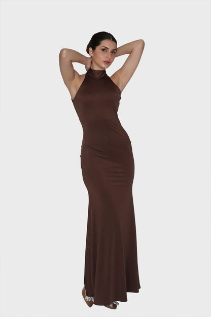 Brown Long Halter Neck Maxi Dress - Ether Dress (Coco)
